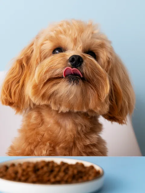 Dog in front of a bowl of food