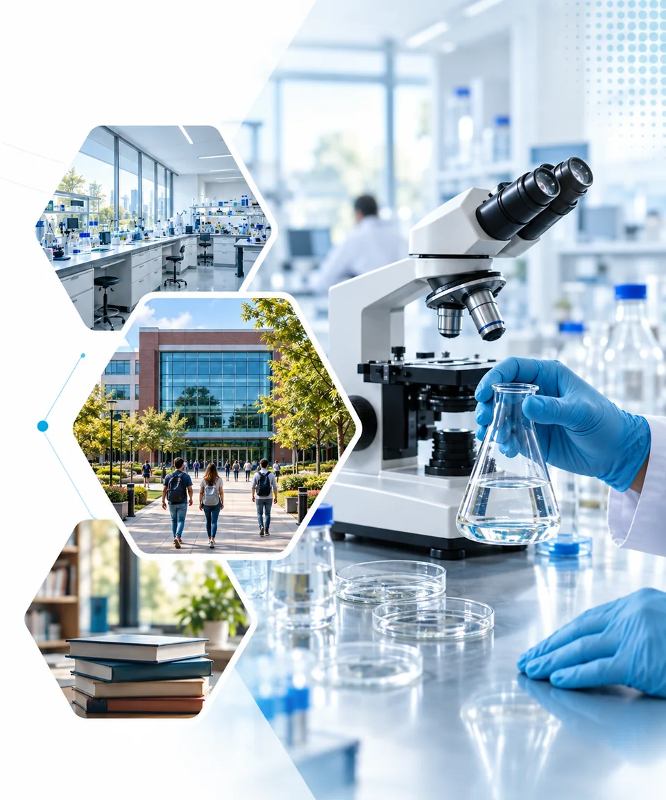 Research composition in laboratory, university campus and academic books.