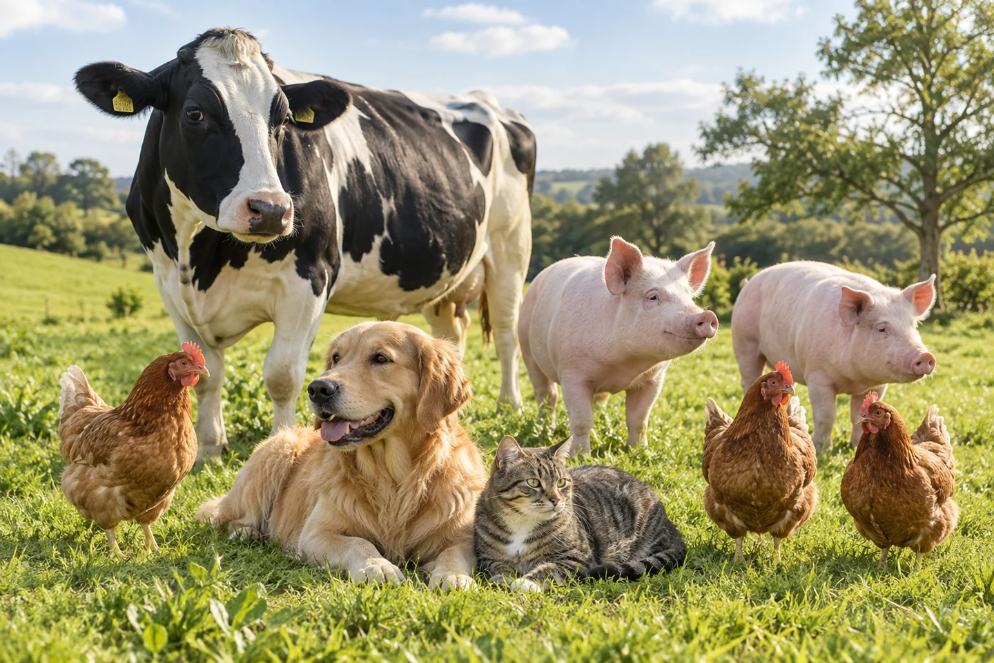 Mucca, maiali, polli, cane e gatto sani su un prato