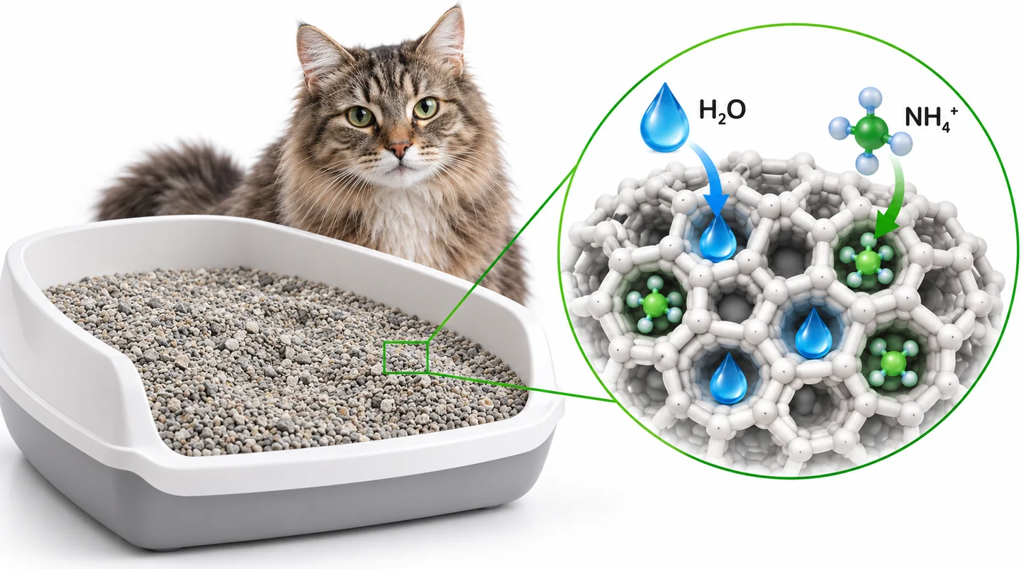 Gatto accanto alla lettiera e rappresentazione della struttura porosa della zeolite.