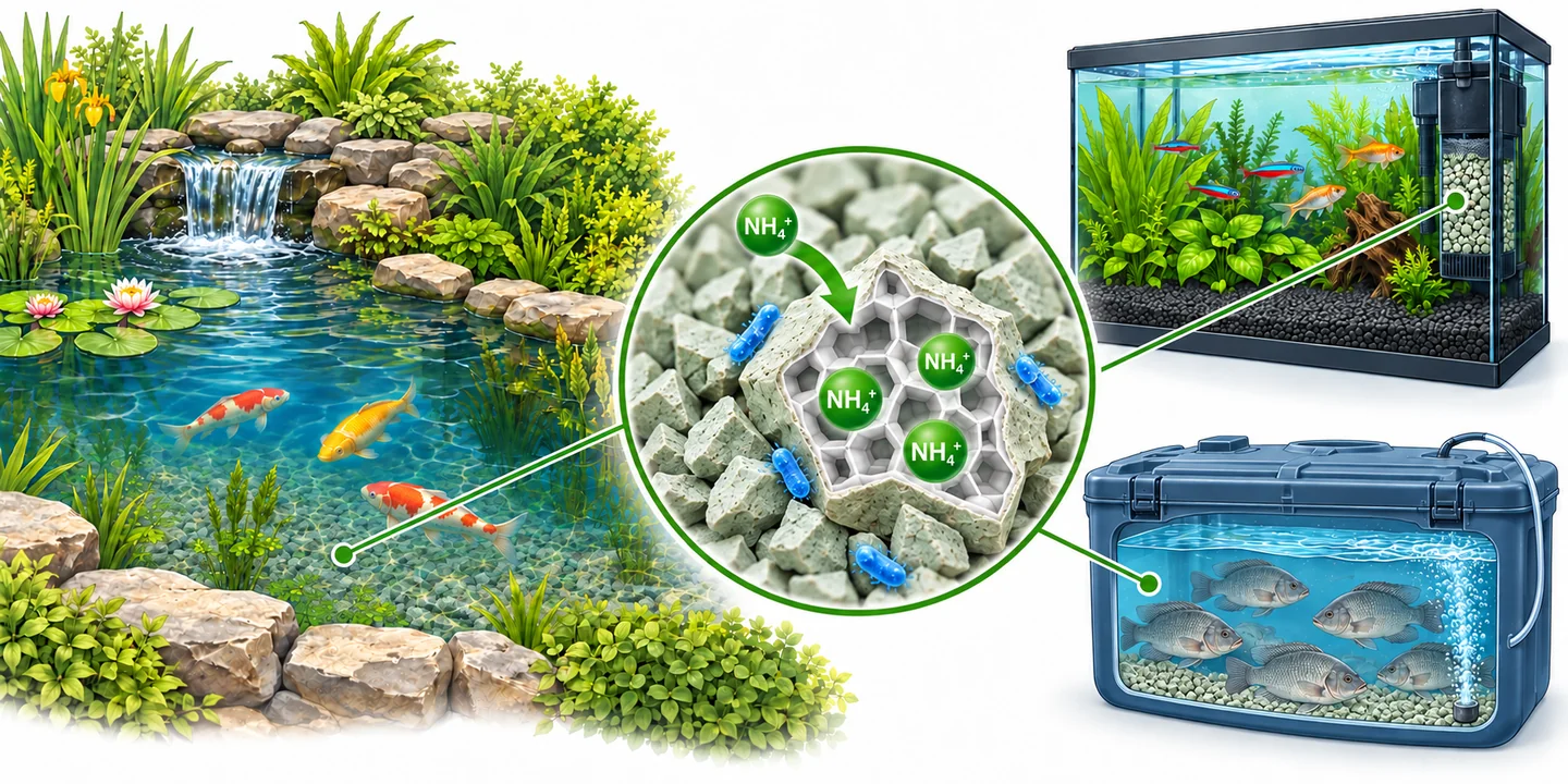 Laghetto, acquario e filtro accanto alla struttura porosa della zeolite.