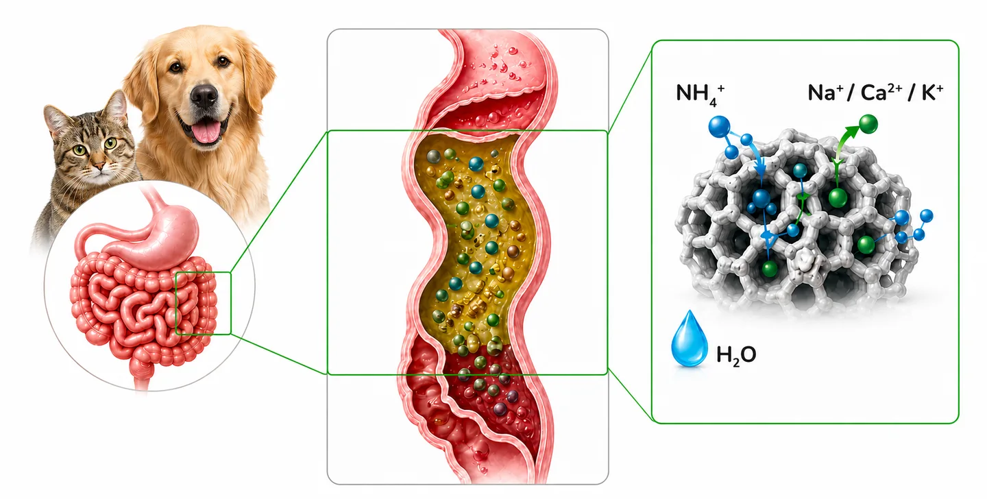 Cani e gatti, tratto gastrointestinale e struttura della zeolite con acqua, ammonio e ioni indicati.