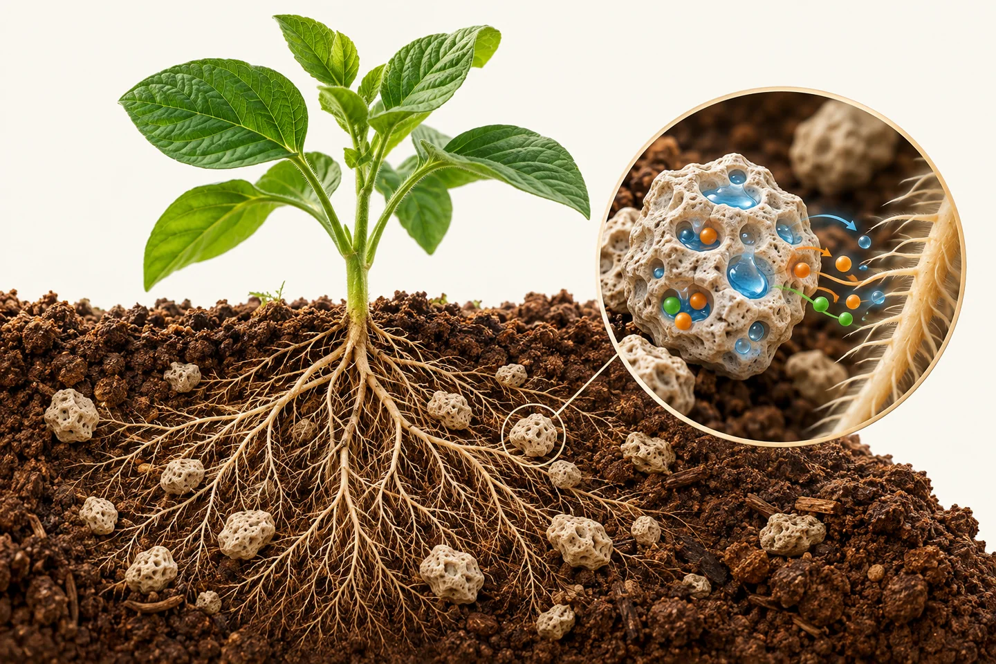 Pianta e radici nel terreno, con illustrazione della riserva minerale di acqua e nutrienti.