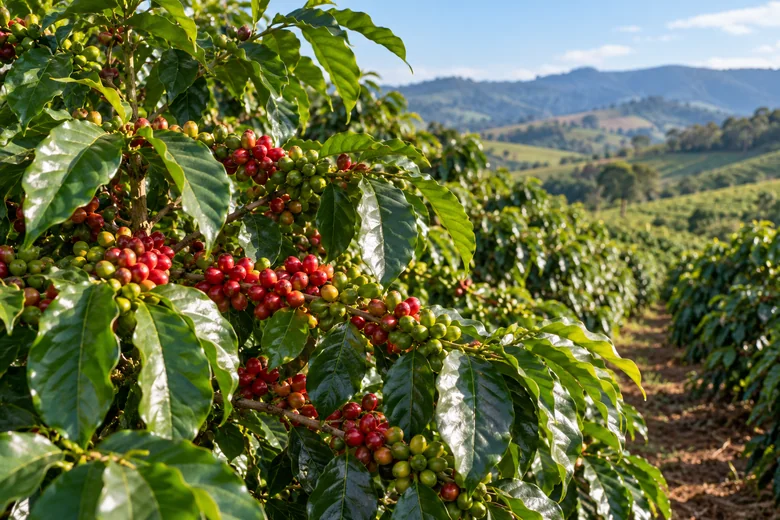 Pianta di caffè con foglie e frutti, immagine illustrativa.