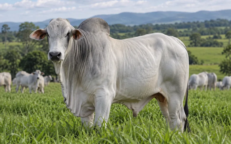Bovino Nelore em pastagem, imagem ilustrativa.