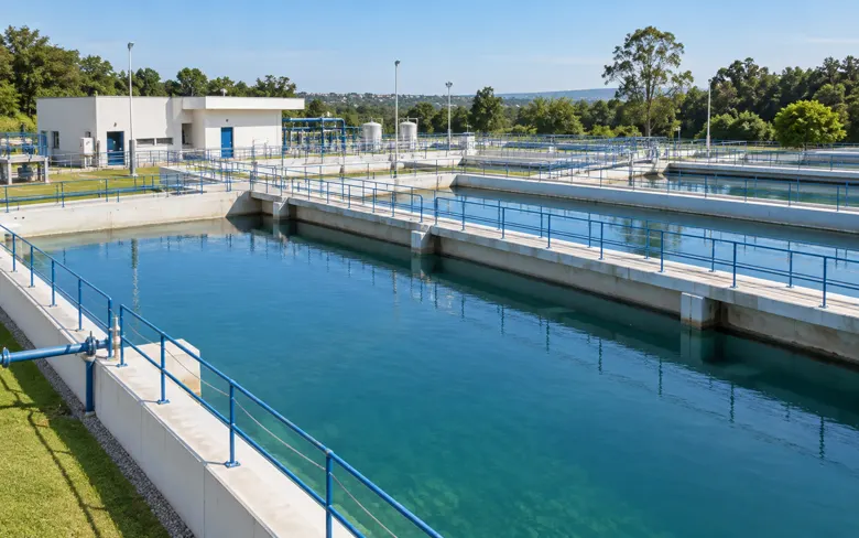 Impianto di trattamento illustrativo con serbatoi d'acqua e passerelle blu, senza persone.