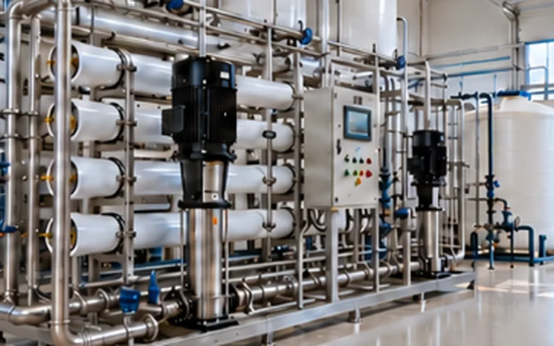 Immagine illustrativa di un sistema industriale di osmosi inversa con membrane e tubazioni.