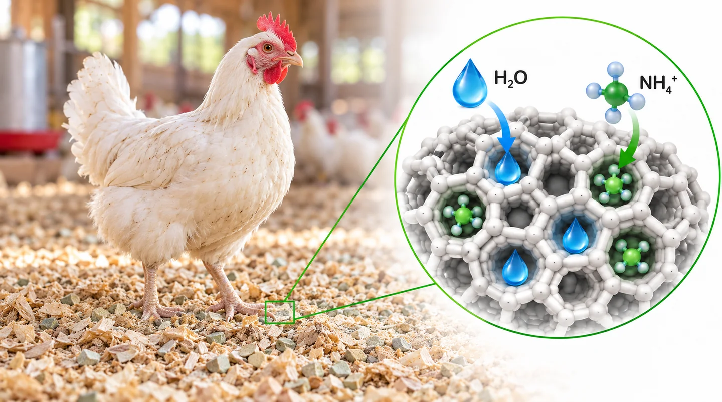 Gallina sulla lettiera e rappresentazione della struttura porosa della zeolite.