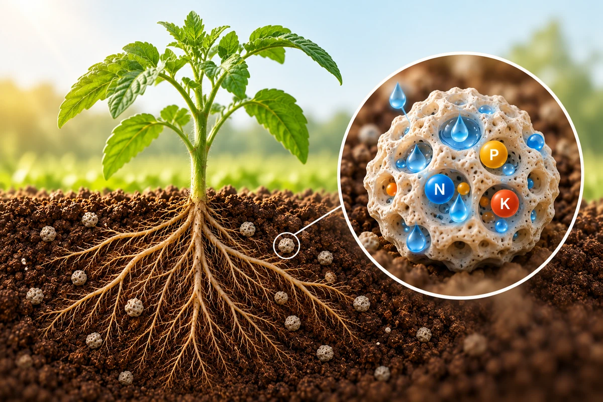 Illustration of a plant and roots in soil with a reserve of water and nutrients.