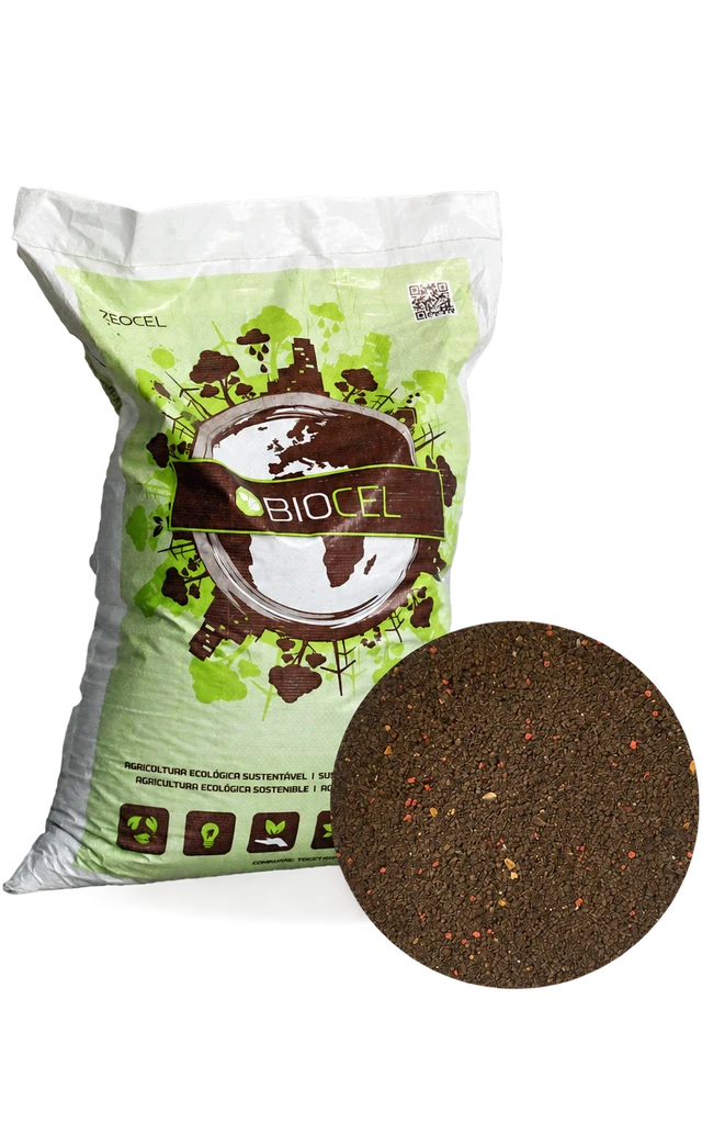 Original Biocel packaging with a close-up of the granules.