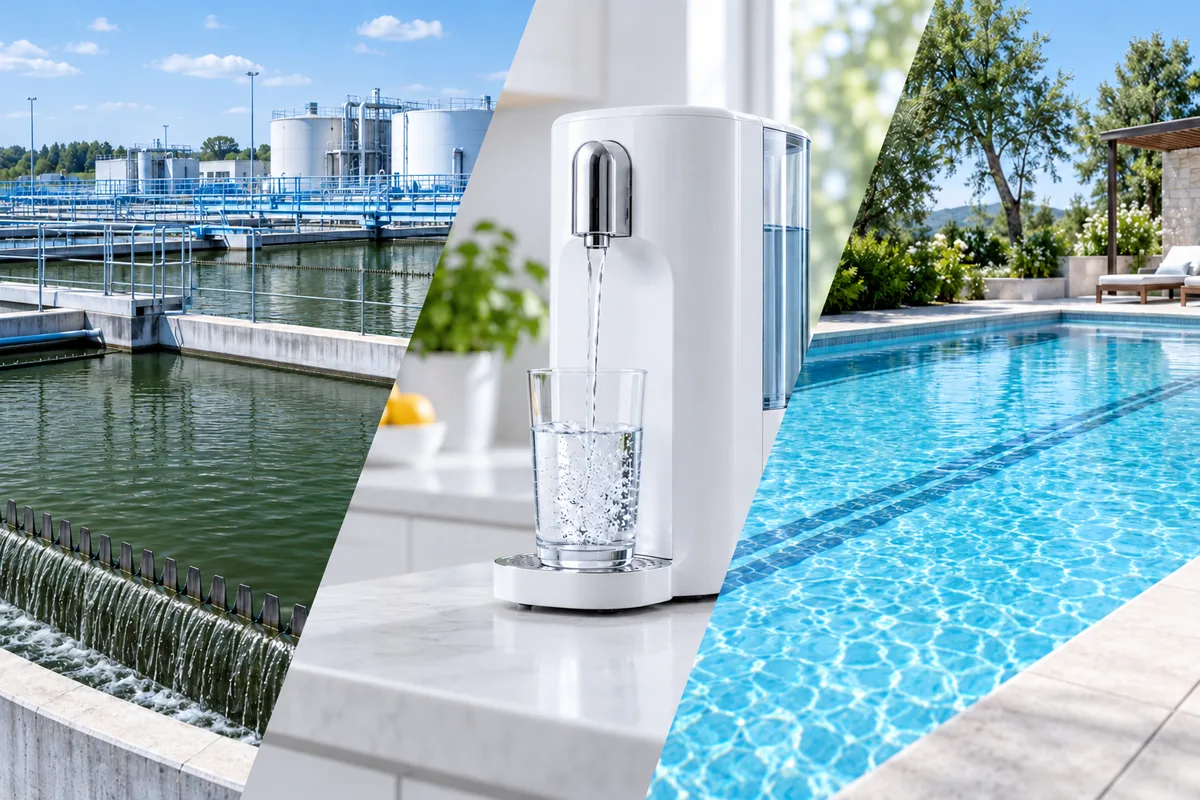 Composition featuring a water treatment plant, a drinking water purifier and a swimming pool